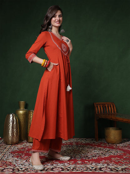 Rayon Calf Length Solid 3/4 Sleeves V-Neck Semi-Flared Kurta Suit Set With Dupatta