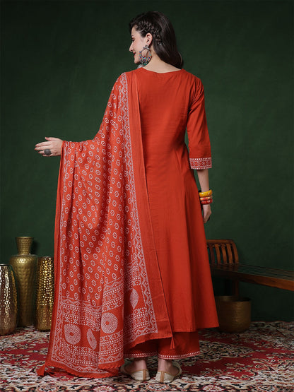 Rayon Calf Length Solid 3/4 Sleeves V-Neck Semi-Flared Kurta Suit Set With Dupatta