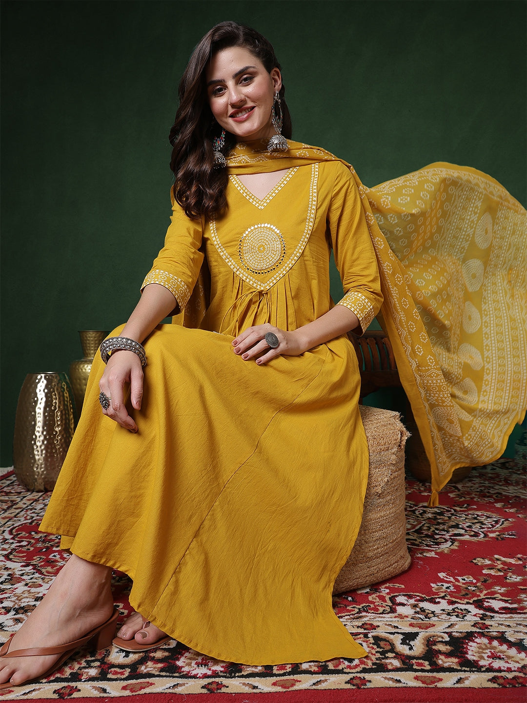 Rayon Calf Length Solid 3/4 Sleeves V-Neck Semi-Flared Kurta Suit Set With Dupatta