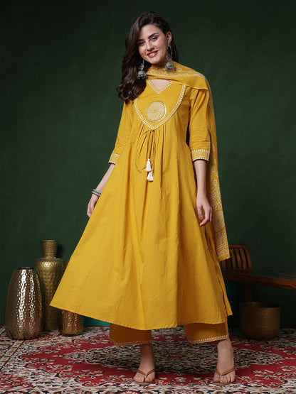 Rayon Calf Length Solid 3/4 Sleeves V-Neck Semi-Flared Kurta Suit Set With Dupatta