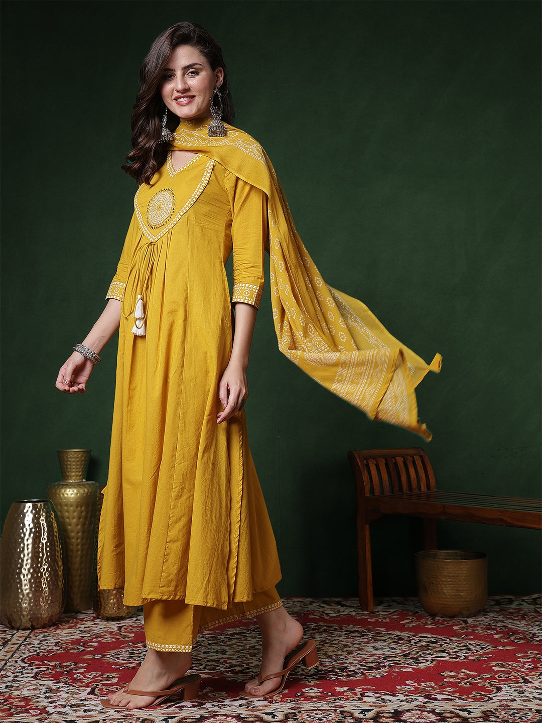 Rayon Calf Length Solid 3/4 Sleeves V-Neck Semi-Flared Kurta Suit Set With Dupatta