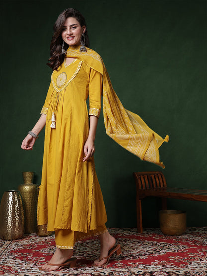 Rayon Calf Length Solid 3/4 Sleeves V-Neck Semi-Flared Kurta Suit Set With Dupatta