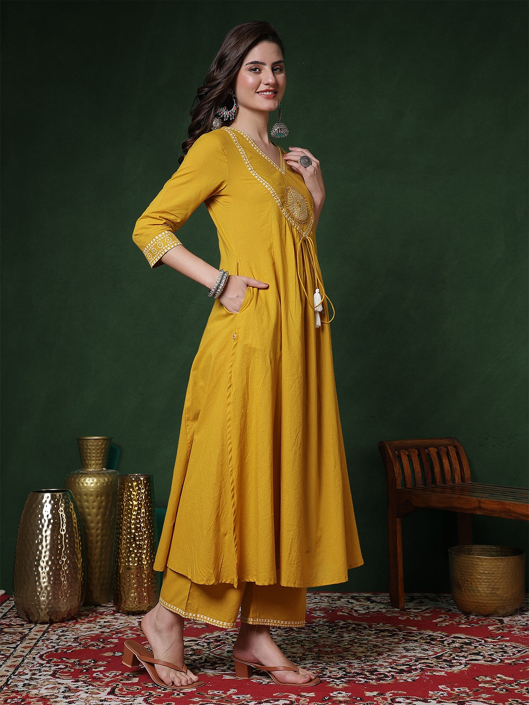 Rayon Calf Length Solid 3/4 Sleeves V-Neck Semi-Flared Kurta Suit Set With Dupatta