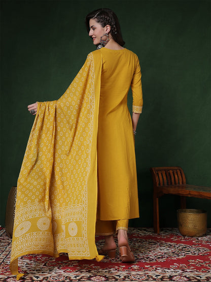 Rayon Calf Length Solid 3/4 Sleeves V-Neck Semi-Flared Kurta Suit Set With Dupatta