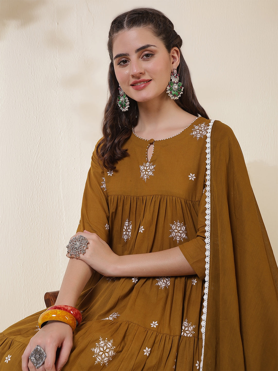 Cotton Calf Length Printed 3/4 Sleeves Round Neck Anarkali Kurta Suit Set With Dupatta