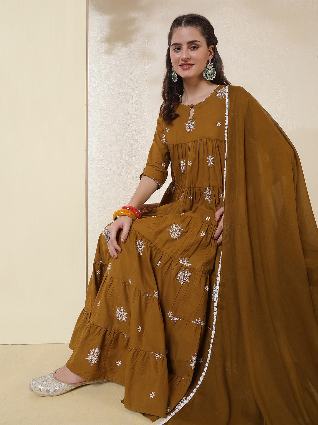 Cotton Calf Length Printed 3/4 Sleeves Round Neck Anarkali Kurta Suit Set With Dupatta