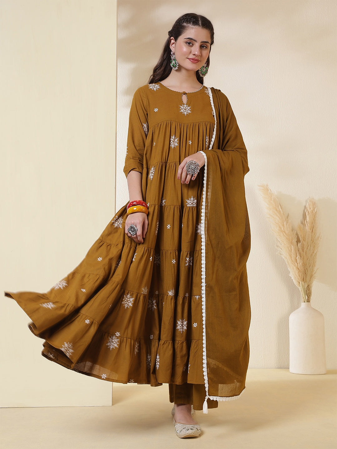 Cotton Calf Length Printed 3/4 Sleeves Round Neck Anarkali Kurta Suit Set With Dupatta