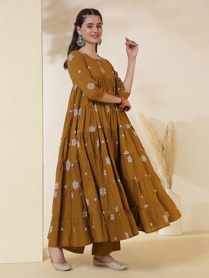 Cotton Calf Length Printed 3/4 Sleeves Round Neck Anarkali Kurta Suit Set With Dupatta