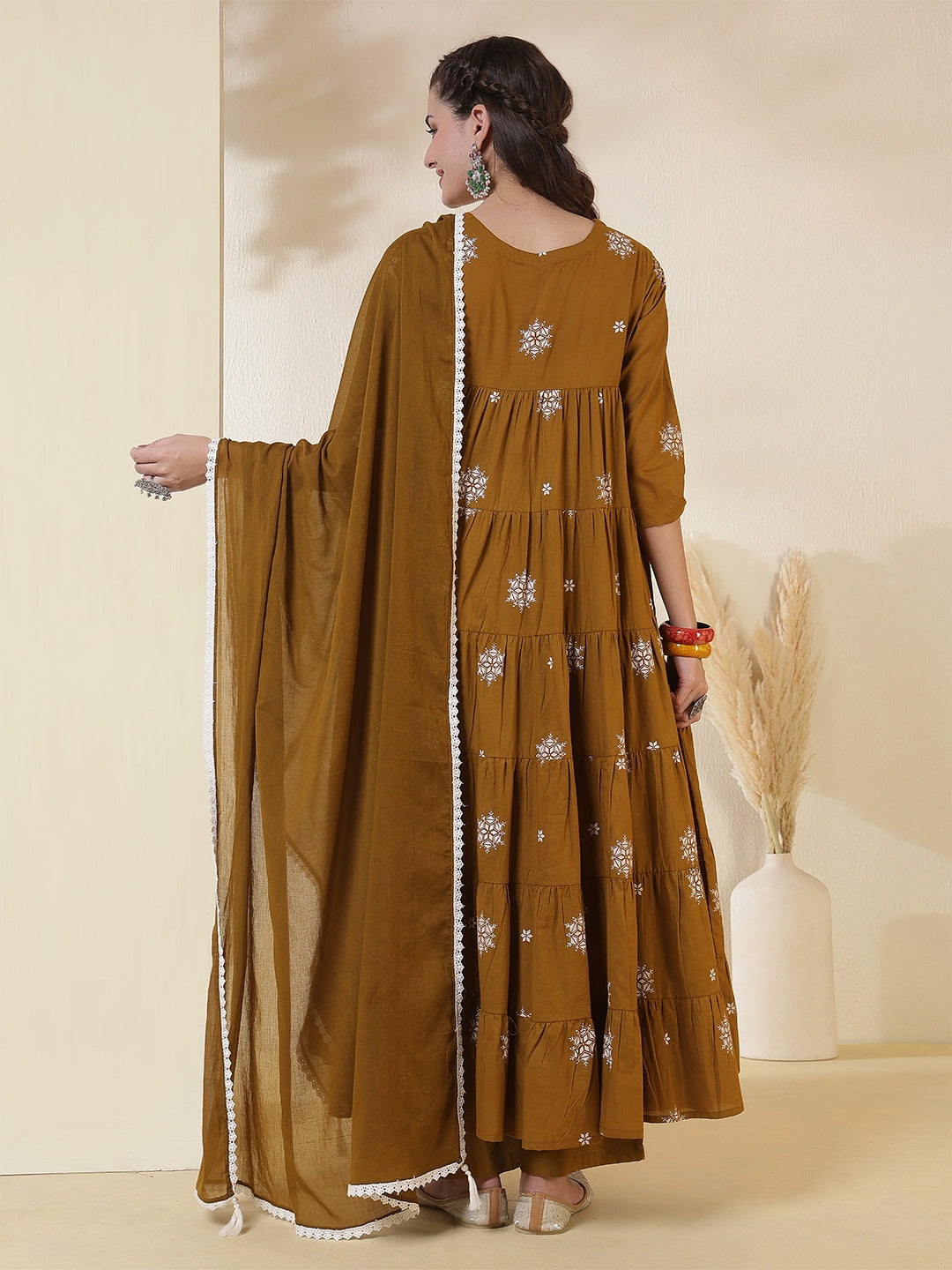 Cotton Calf Length Printed 3/4 Sleeves Round Neck Anarkali Kurta Suit Set With Dupatta