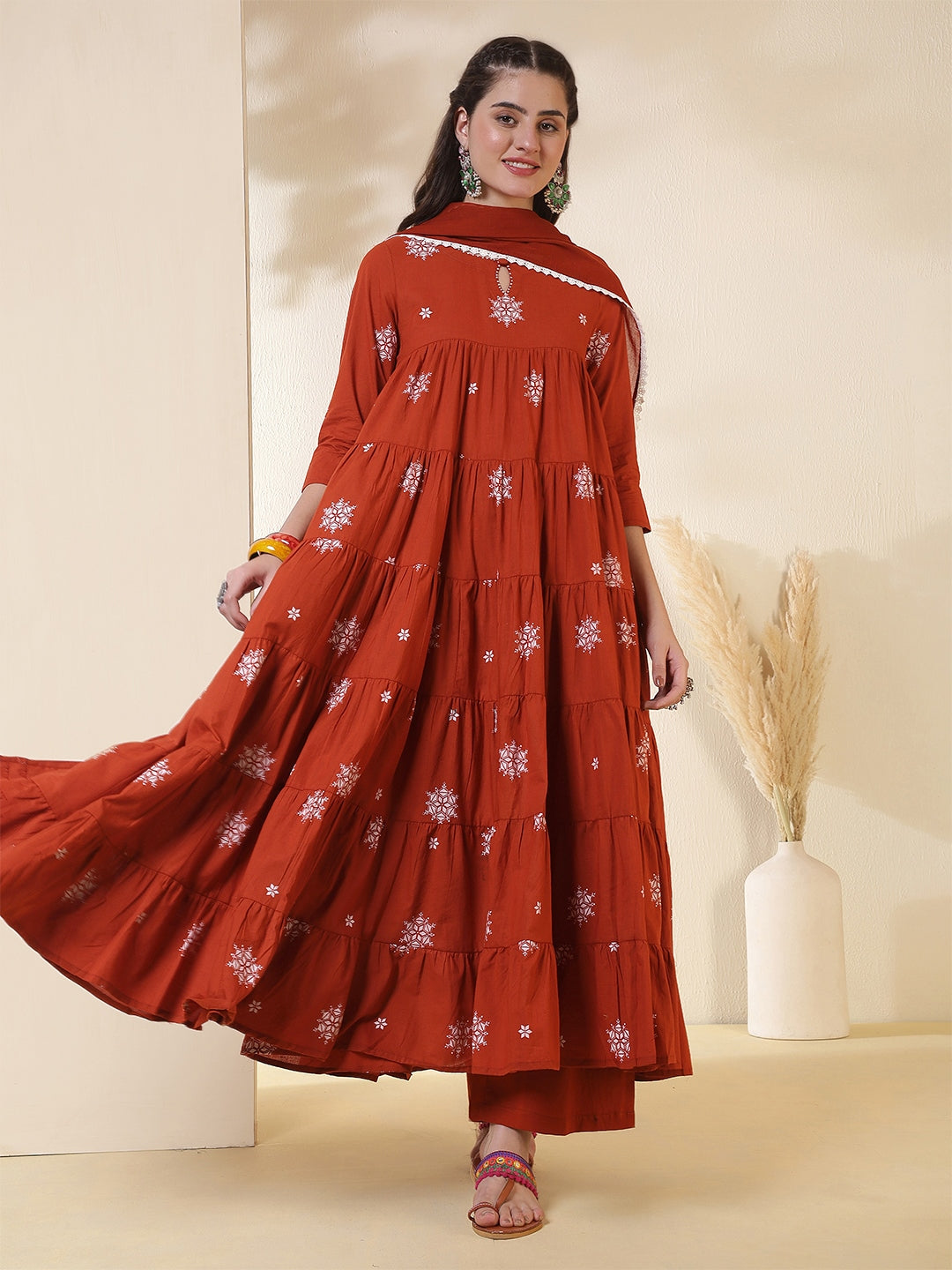 Cotton Calf Length Printed 3/4 Sleeves Round Neck Anarkali Kurta Suit Set With Dupatta