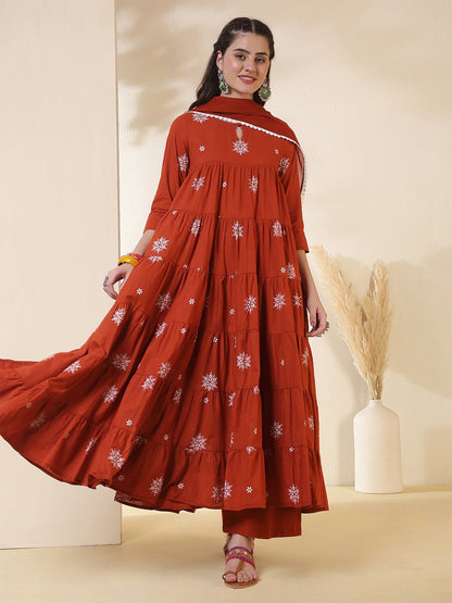 Cotton Calf Length Printed 3/4 Sleeves Round Neck Anarkali Kurta Suit Set With Dupatta
