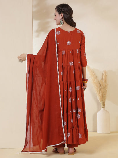 Cotton Calf Length Printed 3/4 Sleeves Round Neck Anarkali Kurta Suit Set With Dupatta