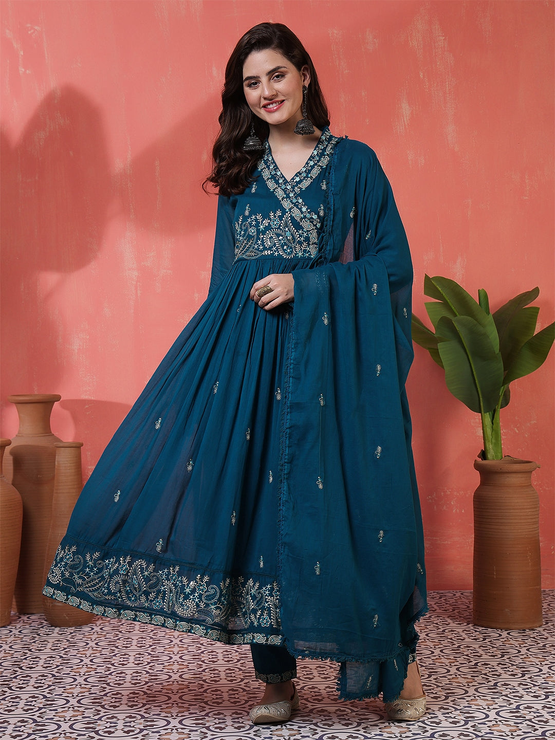 Cotton Calf Length Printed 3/4 Sleeves Angrakha Anarkali Kurta Suit Set With Dupatta