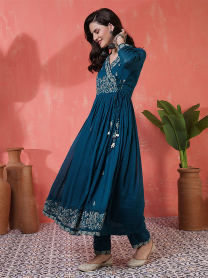 Cotton Calf Length Printed 3/4 Sleeves Angrakha Anarkali Kurta Suit Set With Dupatta