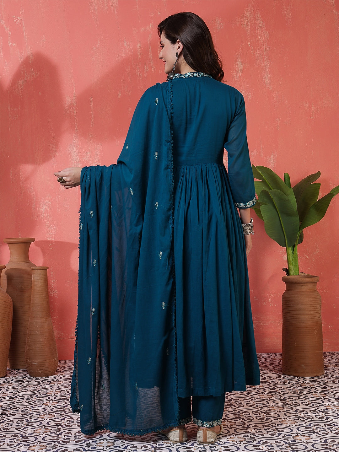 Cotton Calf Length Printed 3/4 Sleeves Angrakha Anarkali Kurta Suit Set With Dupatta