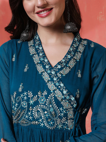 Cotton Calf Length Printed 3/4 Sleeves Angrakha Anarkali Kurta Suit Set With Dupatta (Preorder)