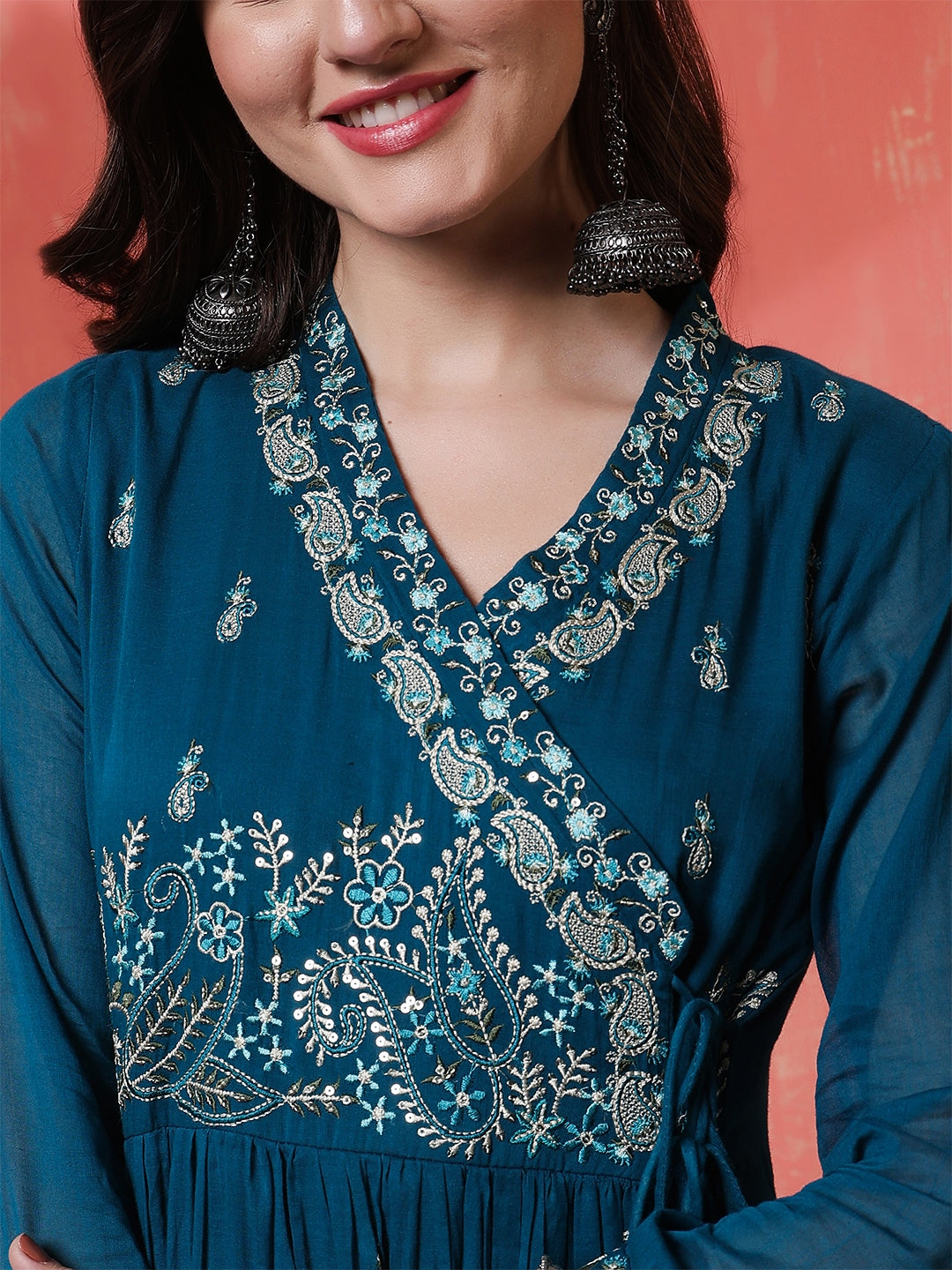Cotton Calf Length Printed 3/4 Sleeves Angrakha Anarkali Kurta Suit Set With Dupatta