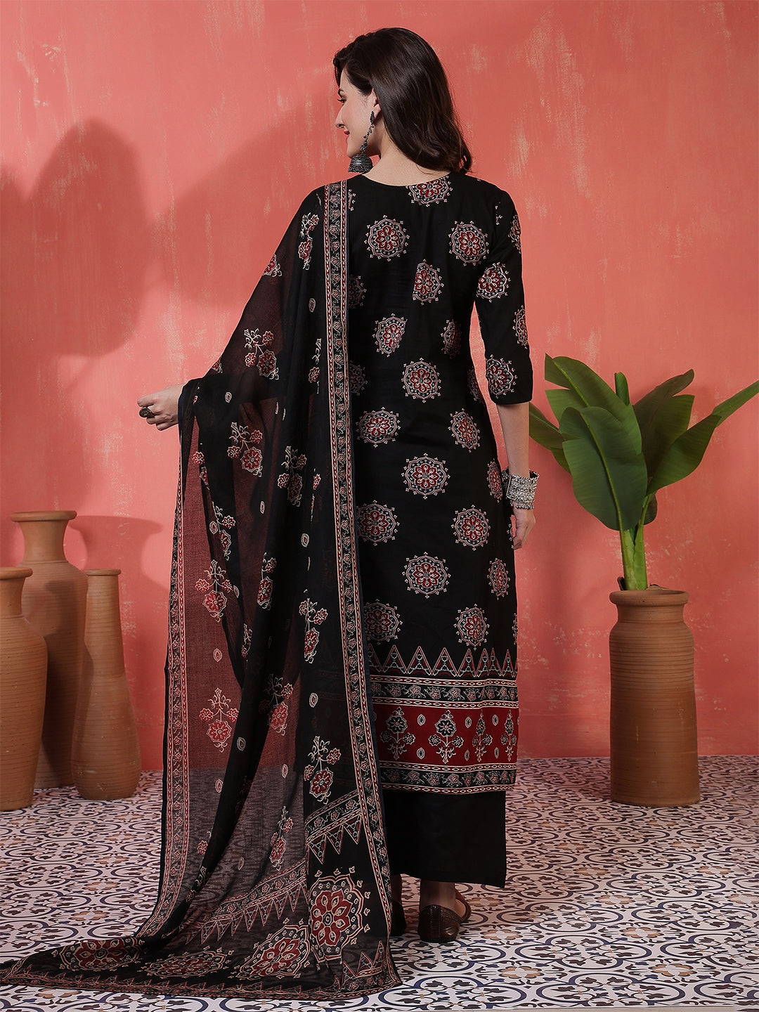Cotton Calf Length Printed 3/4 Sleeves Round Neck Straight Kurta Suit Set With Dupatta
