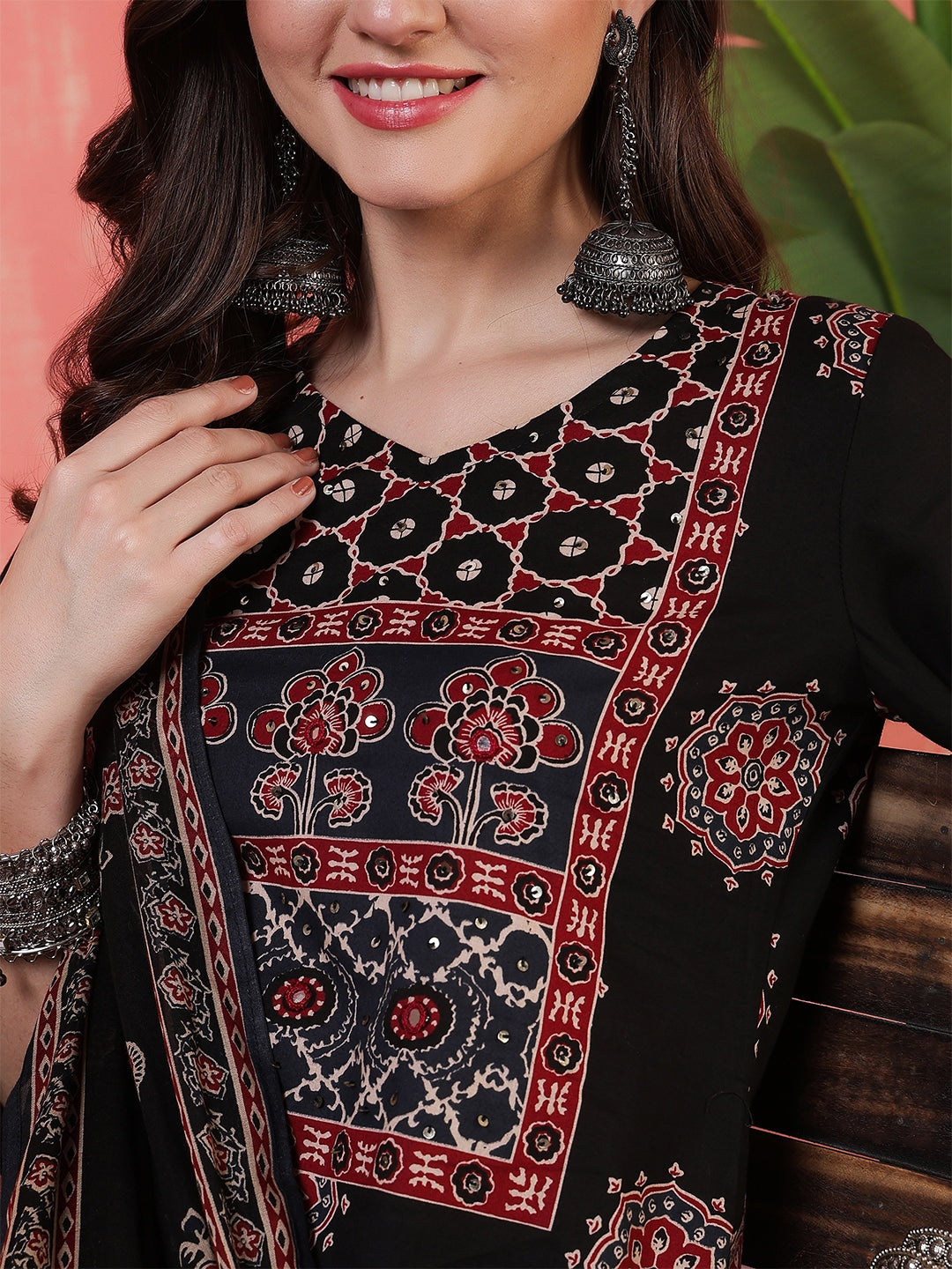 Cotton Calf Length Printed 3/4 Sleeves Round Neck Straight Kurta Suit Set With Dupatta