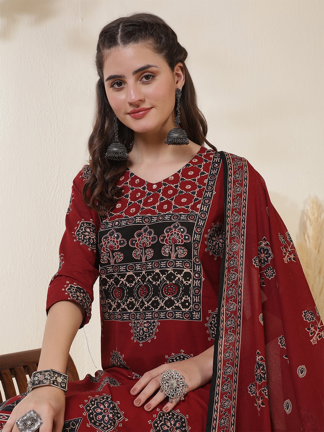 Cotton Calf Length Printed 3/4 Sleeves Round Neck Straight Kurta Suit Set With Dupatta