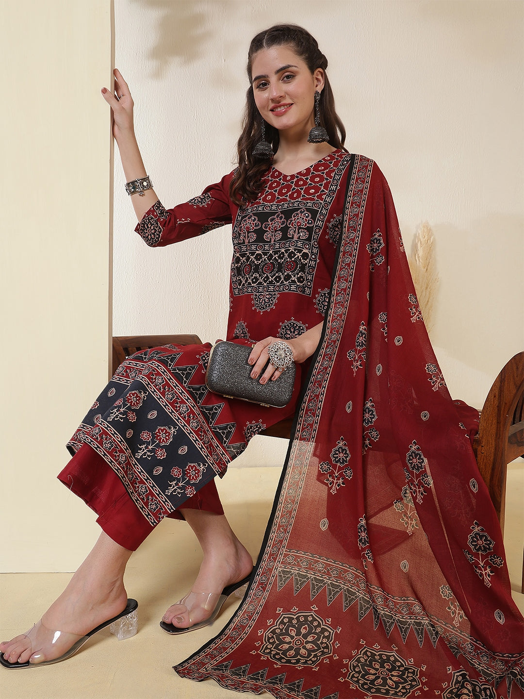 Cotton Calf Length Printed 3/4 Sleeves Round Neck Straight Kurta Suit Set With Dupatta