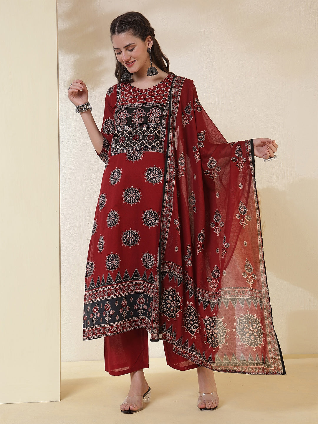 Cotton Calf Length Printed 3/4 Sleeves Round Neck Straight Kurta Suit Set With Dupatta