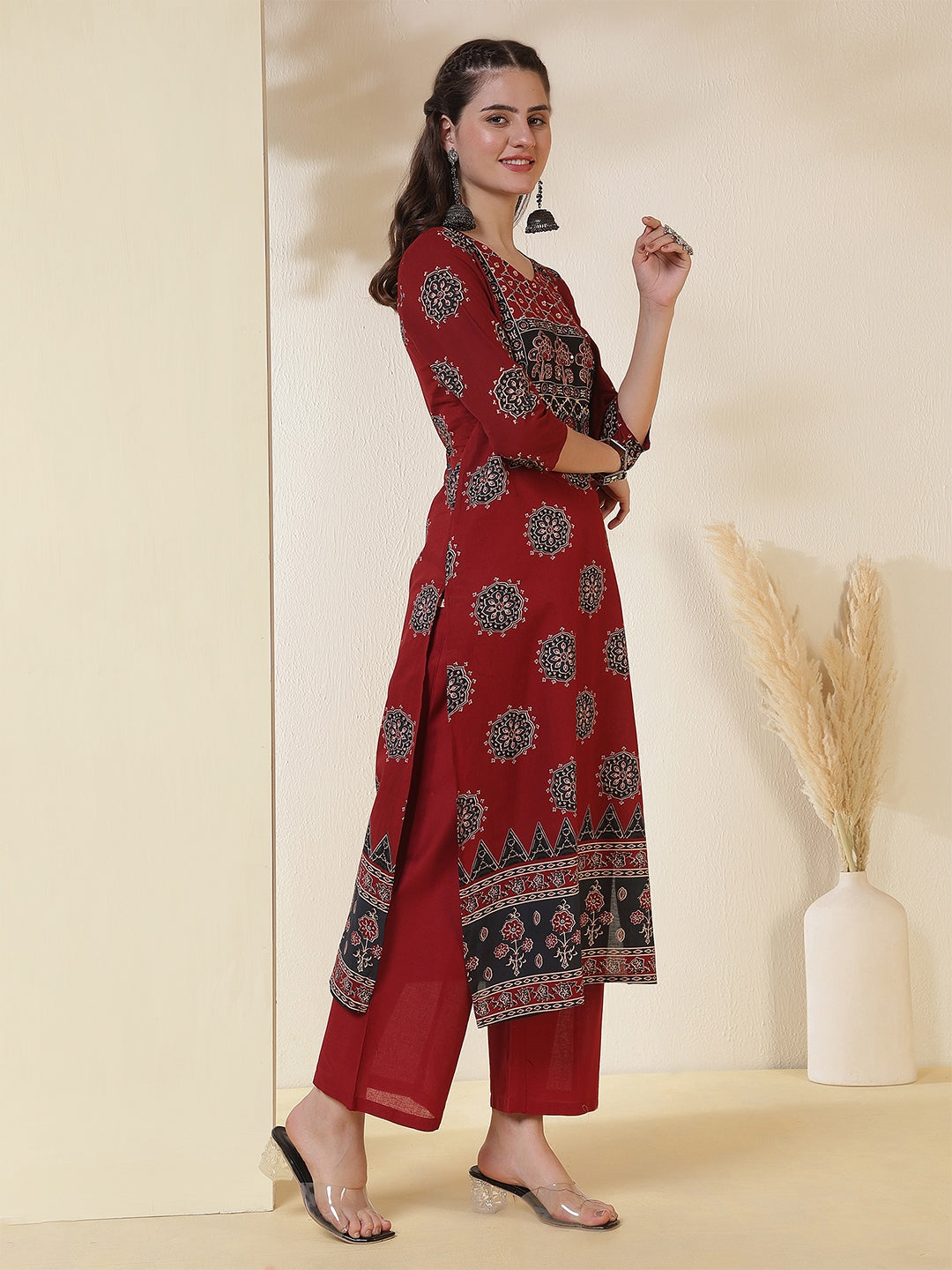 Cotton Calf Length Printed 3/4 Sleeves Round Neck Straight Kurta Suit Set With Dupatta (Preorder)