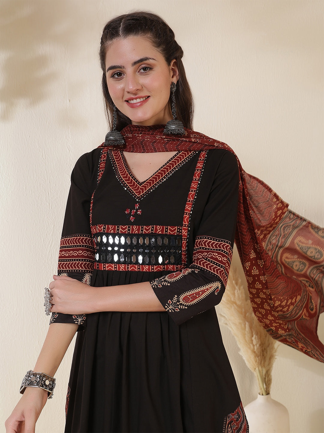 Rayon Calf Length Solid 3/4 Sleeves V-Neck Semi-Flared Kurta Suit Set With Dupatta (Preorder)