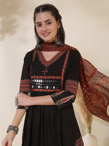 Rayon Calf Length Solid 3/4 Sleeves V-Neck Semi-Flared Kurta Suit Set With Dupatta (Preorder)