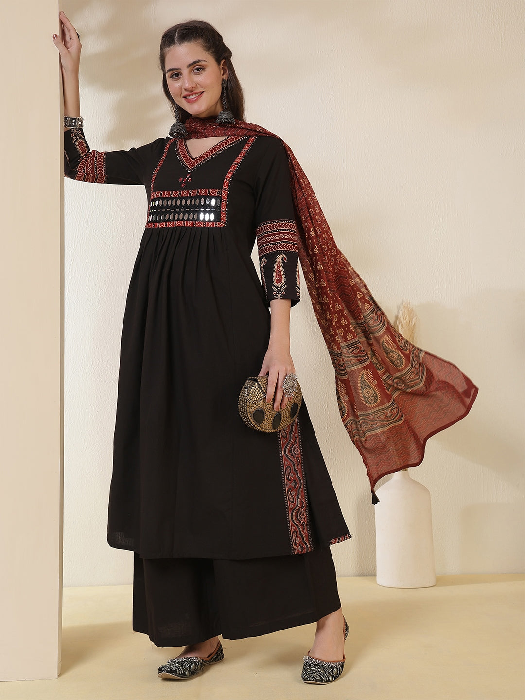 Rayon Calf Length Solid 3/4 Sleeves V-Neck Semi-Flared Kurta Suit Set With Dupatta (Preorder)