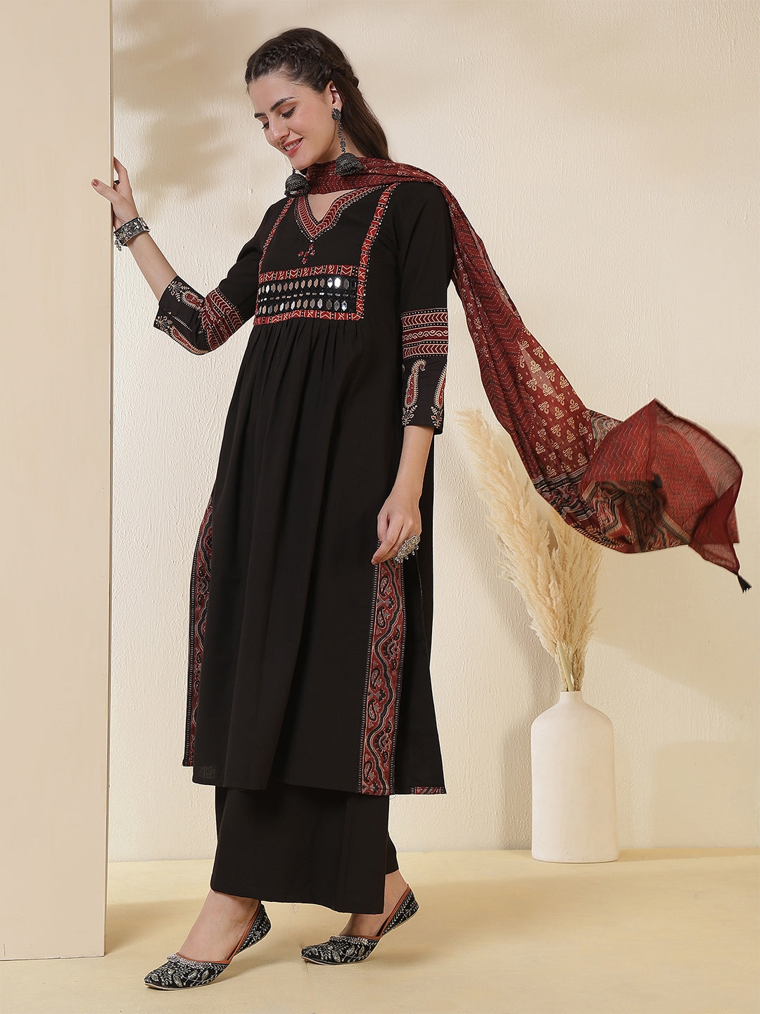 Rayon Calf Length Solid 3/4 Sleeves V-Neck Semi-Flared Kurta Suit Set With Dupatta