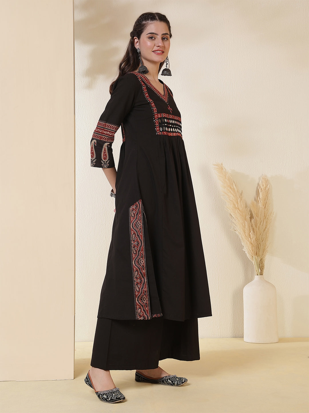 Rayon Calf Length Solid 3/4 Sleeves V-Neck Semi-Flared Kurta Suit Set With Dupatta, view 5