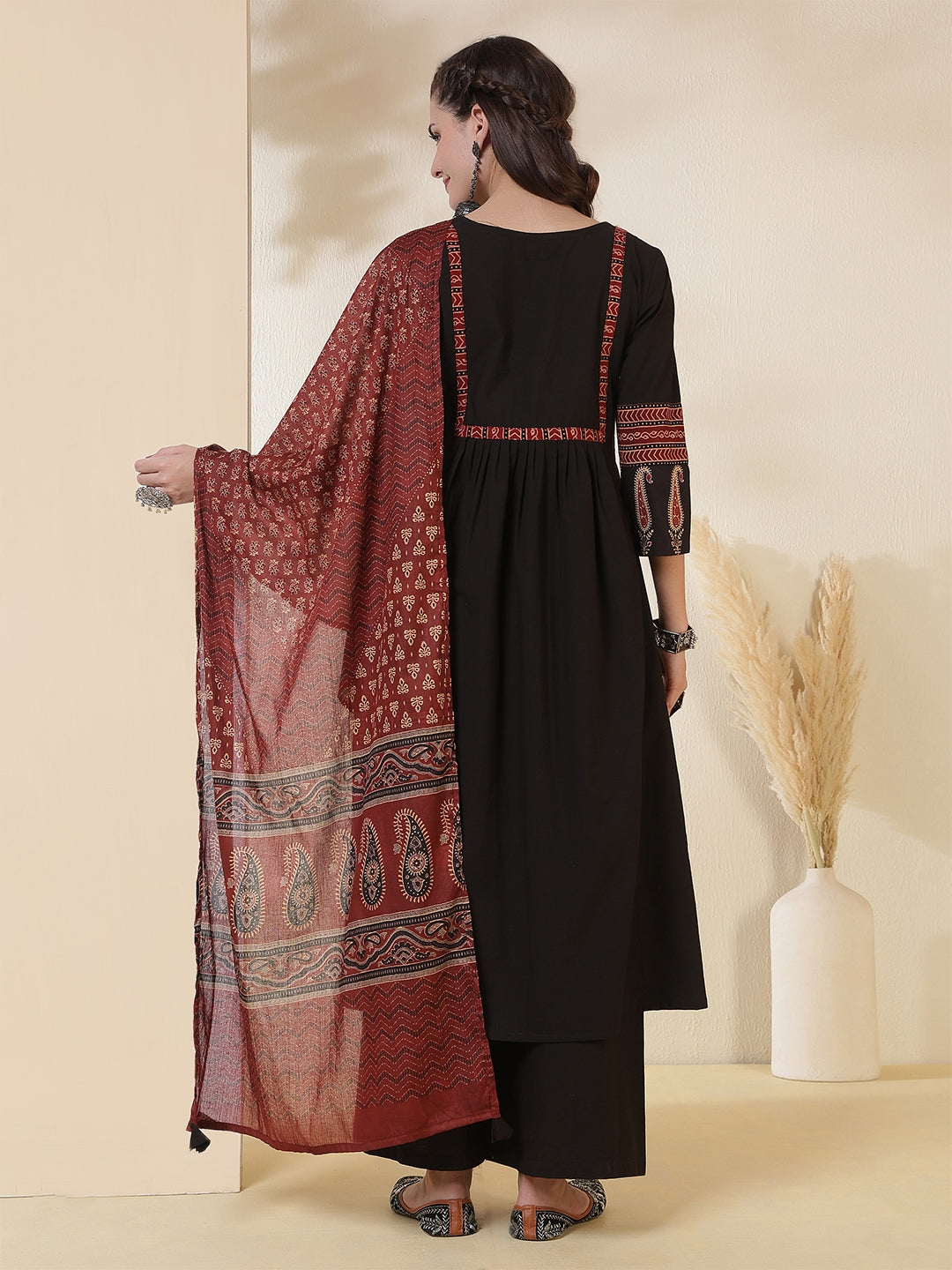 Rayon Calf Length Solid 3/4 Sleeves V-Neck Semi-Flared Kurta Suit Set With Dupatta