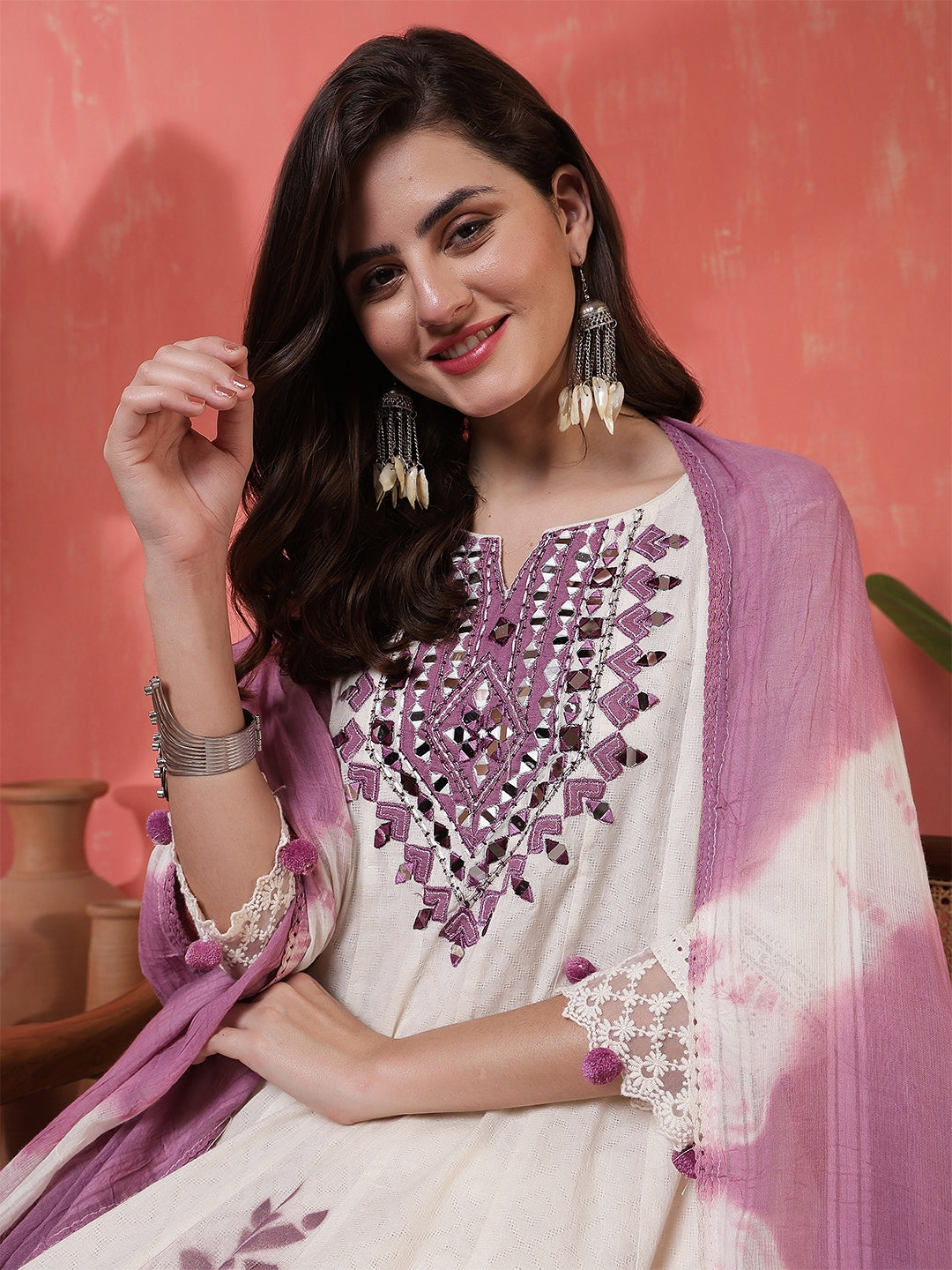 Jacquard Knee Length Solid 3/4 Sleeves Round Neck Flared Kurta Suit Set With Dupatta (Preorder)