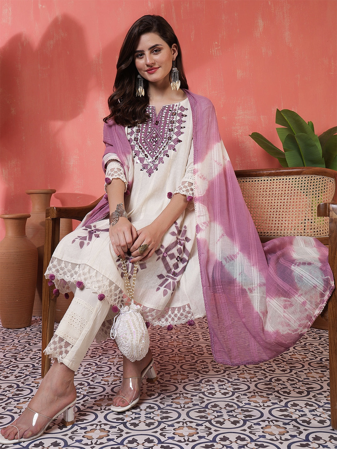 Jacquard Knee Length Solid 3/4 Sleeves Round Neck Flared Kurta Suit Set With Dupatta (Preorder)