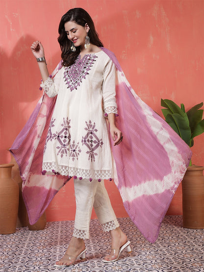 Jacquard Knee Length Solid 3/4 Sleeves Round Neck Flared Kurta Suit Set With Dupatta (Preorder)