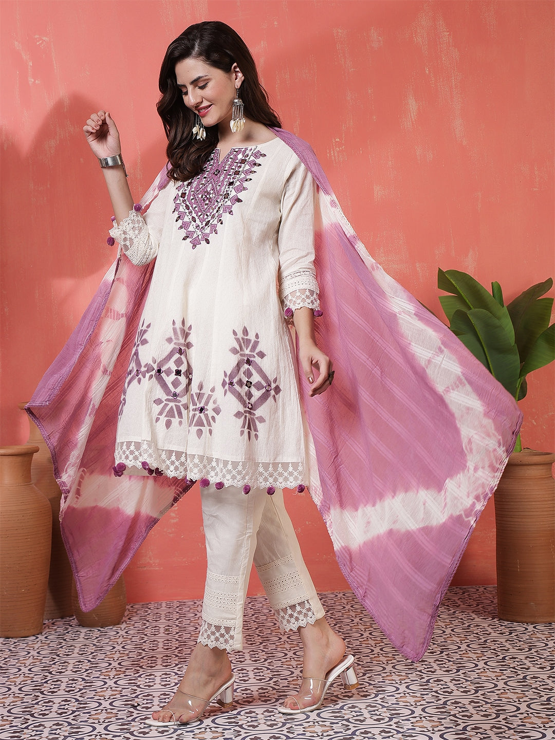 Jacquard Knee Length Solid 3/4 Sleeves Round Neck Flared Kurta Suit Set With Dupatta
