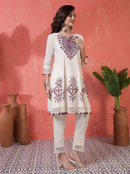 Jacquard Knee Length Solid 3/4 Sleeves Round Neck Flared Kurta Suit Set With Dupatta (Preorder)