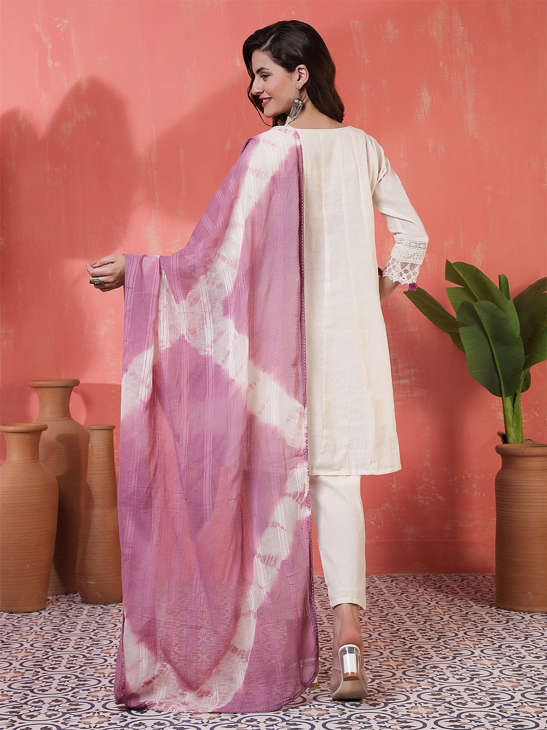 Jacquard Knee Length Solid 3/4 Sleeves Round Neck Flared Kurta Suit Set With Dupatta