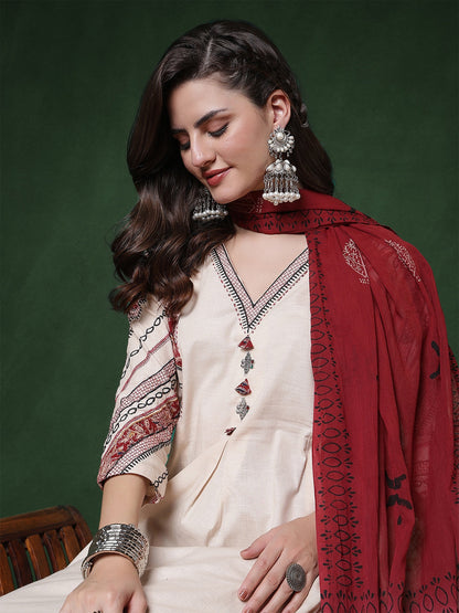 Cotton Flex Calf Length Solid 3/4 Sleeves V-Neck Straight Kurta Suit Set With Dupatta