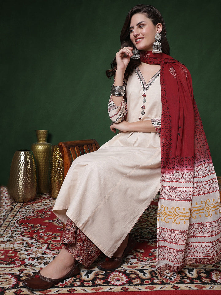 Cotton Flex Calf Length Solid 3/4 Sleeves V-Neck Straight Kurta Suit Set With Dupatta