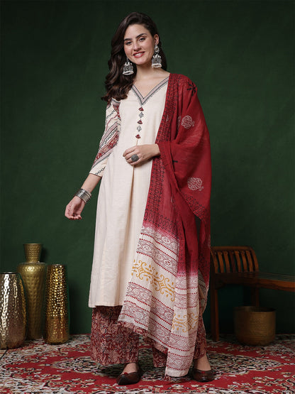 Cotton Flex Calf Length Solid 3/4 Sleeves V-Neck Straight Kurta Suit Set With Dupatta