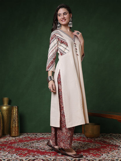 Cotton Flex Calf Length Solid 3/4 Sleeves V-Neck Straight Kurta Suit Set With Dupatta