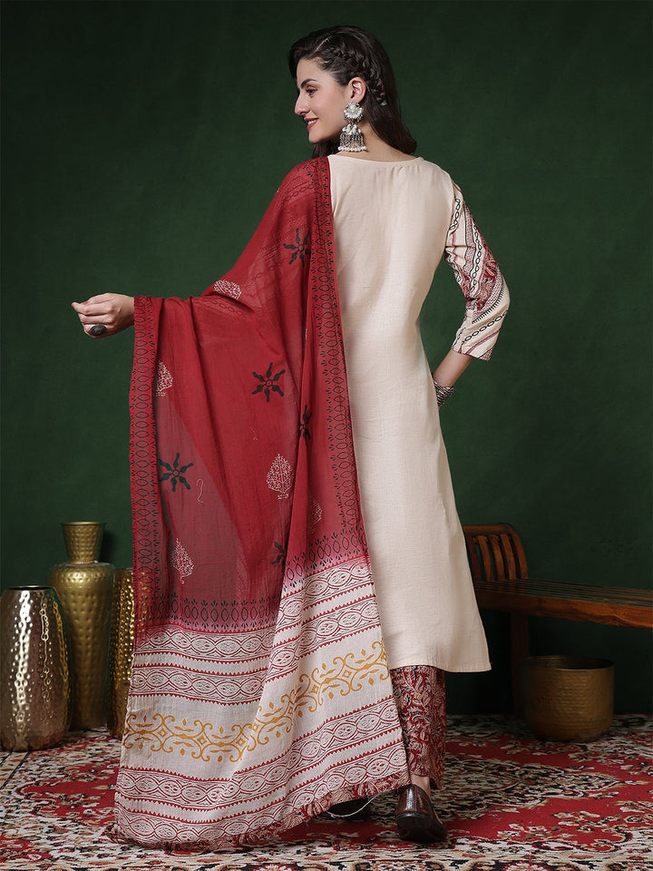 Cotton Flex Calf Length Solid 3/4 Sleeves V-Neck Straight Kurta Suit Set With Dupatta