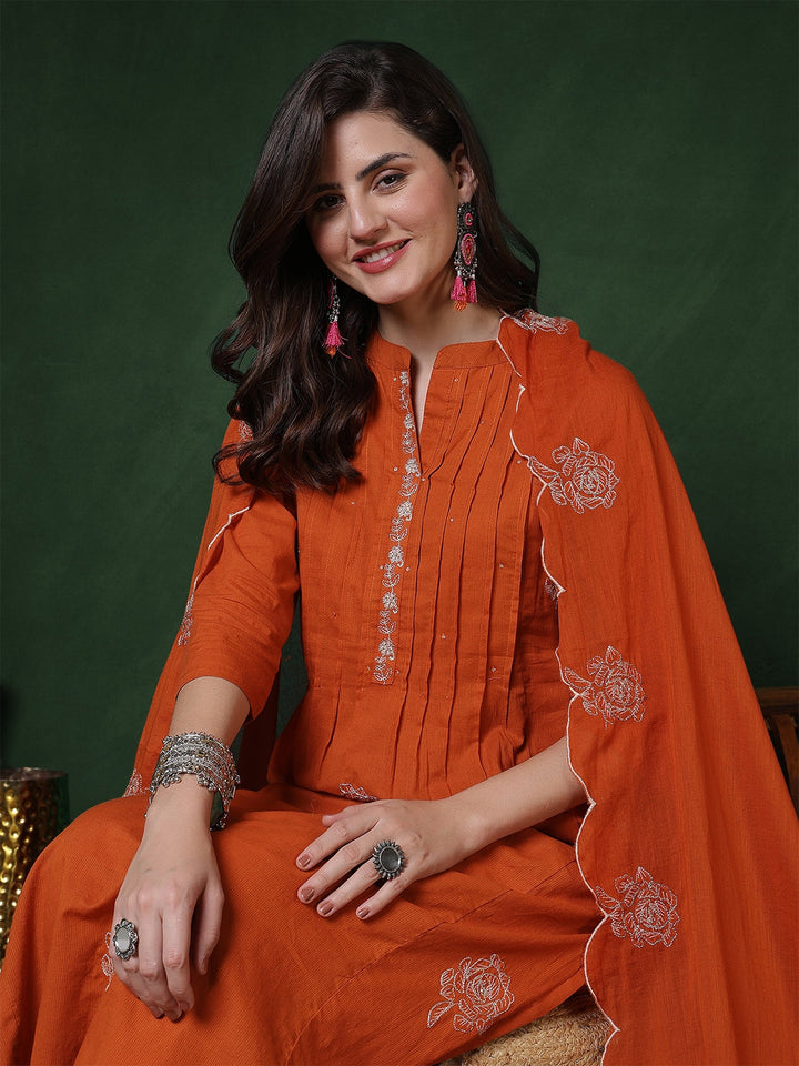 Cotton Calf Length Solid 3/4 Sleeves Mandarin Straight Kurta Suit Set With Dupatta