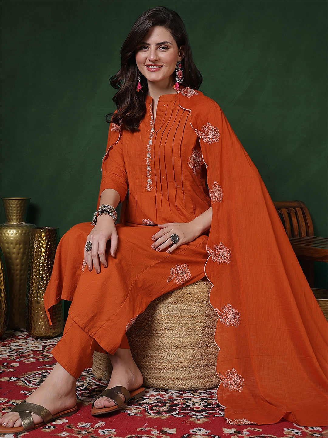 Cotton Calf Length Solid 3/4 Sleeves Mandarin Straight Kurta Suit Set With Dupatta