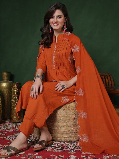 Cotton Calf Length Solid 3/4 Sleeves Mandarin Straight Kurta Suit Set With Dupatta