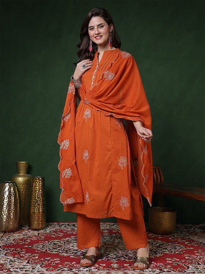 Cotton Calf Length Solid 3/4 Sleeves Mandarin Straight Kurta Suit Set With Dupatta