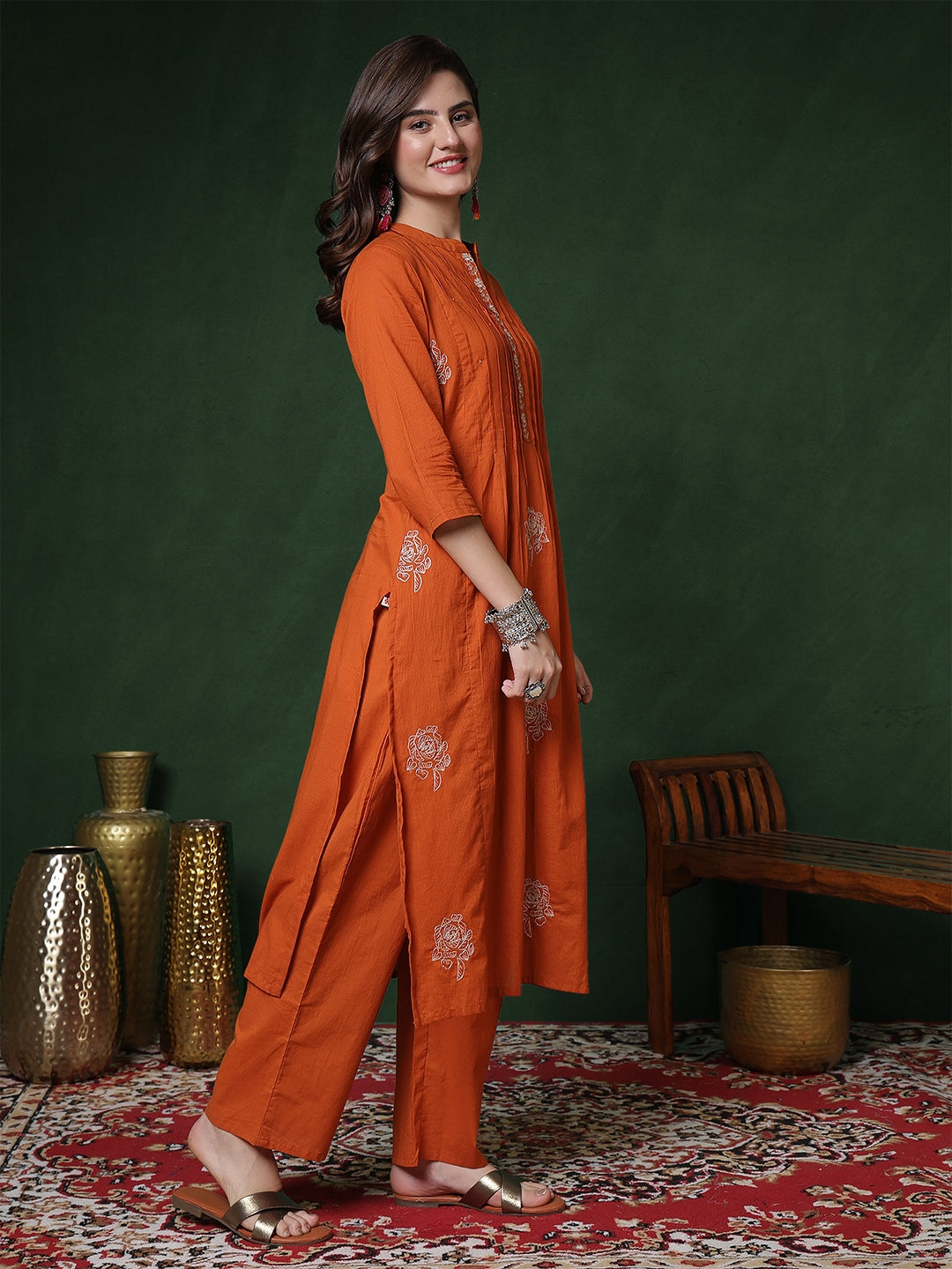 Cotton Calf Length Solid 3/4 Sleeves Mandarin Straight Kurta Suit Set With Dupatta