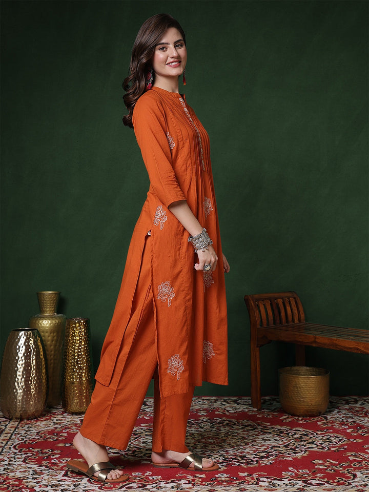 Cotton Calf Length Solid 3/4 Sleeves Mandarin Straight Kurta Suit Set With Dupatta